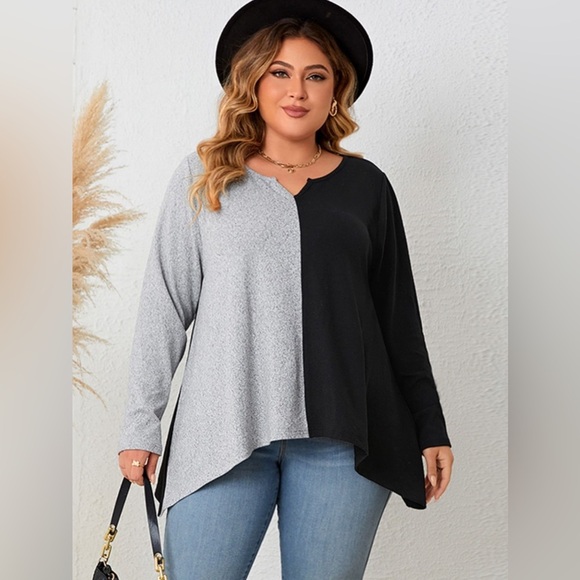 Plus Size Contrast Notched Neck T-Shirt - Picture 1 of 4